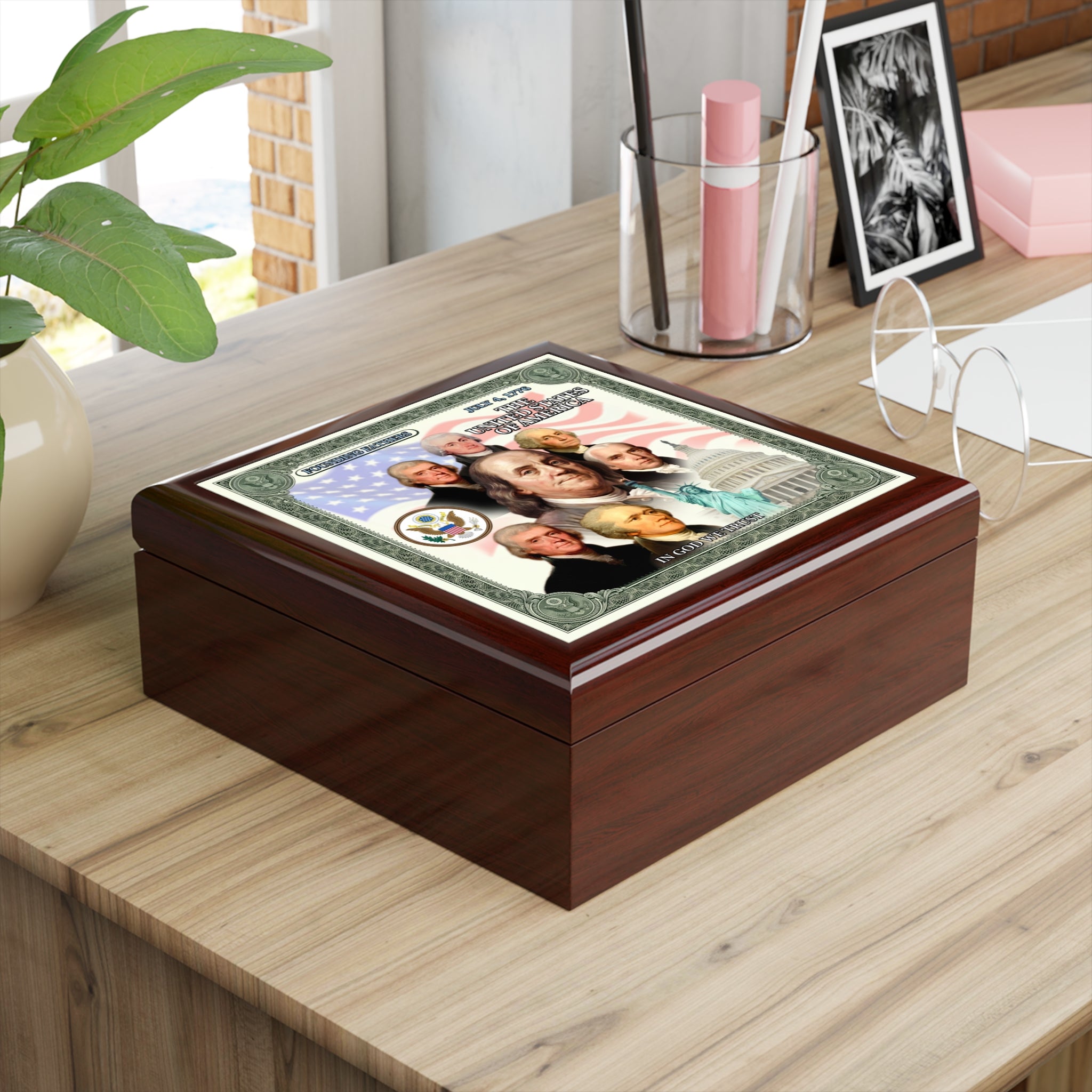 Patriotic Founding Fathers Jewelry Box — US History Keepsake Box ("In God We Trust")
