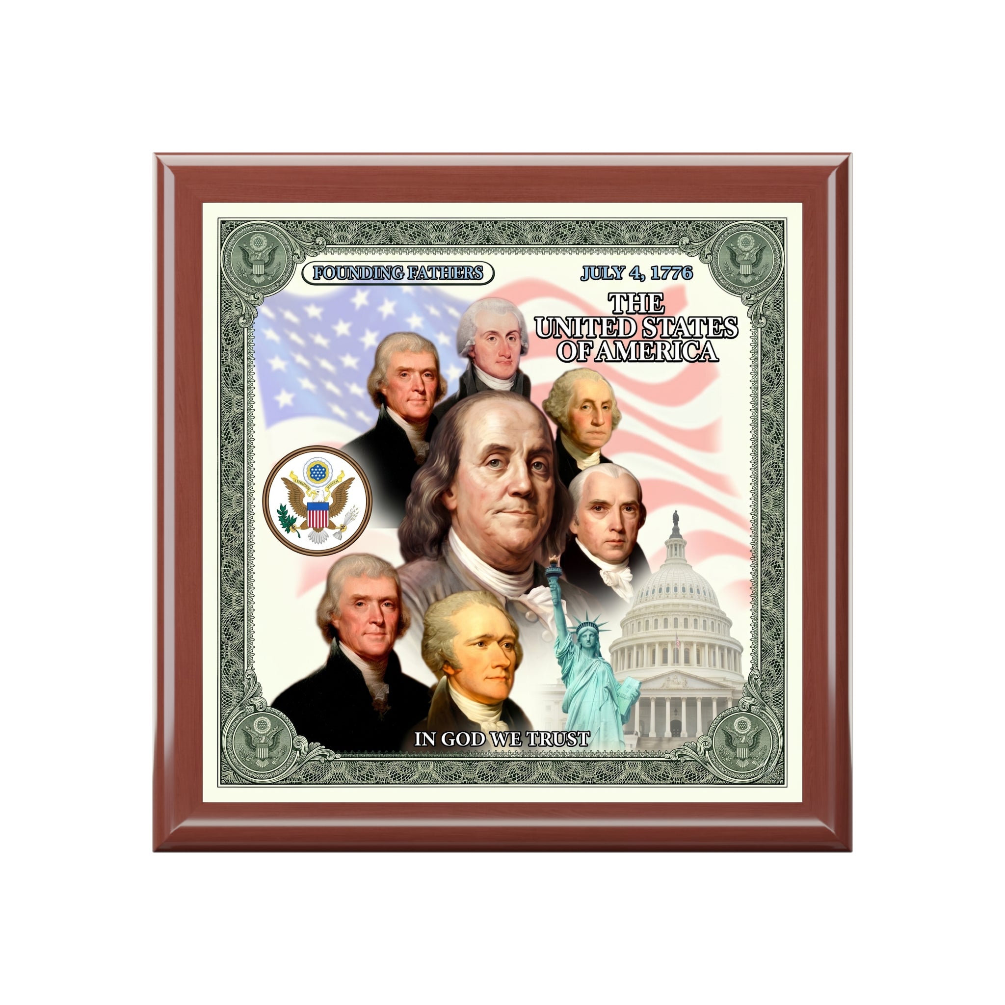 Patriotic Founding Fathers Jewelry Box — US History Keepsake Box ("In God We Trust")