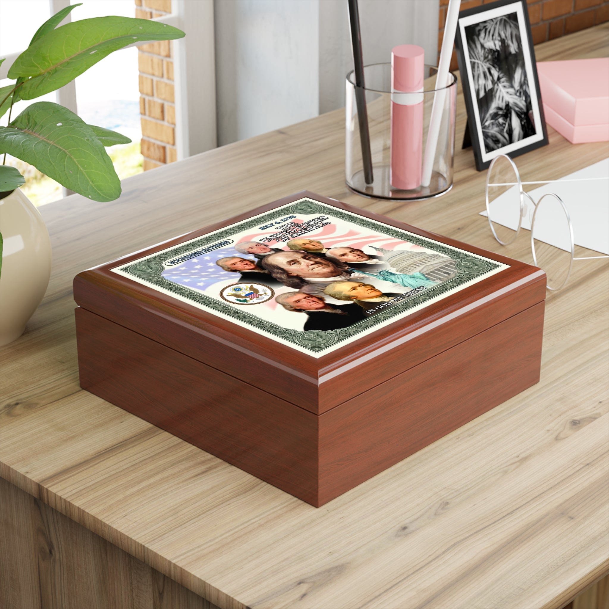 Patriotic Founding Fathers Jewelry Box — US History Keepsake Box ("In God We Trust")