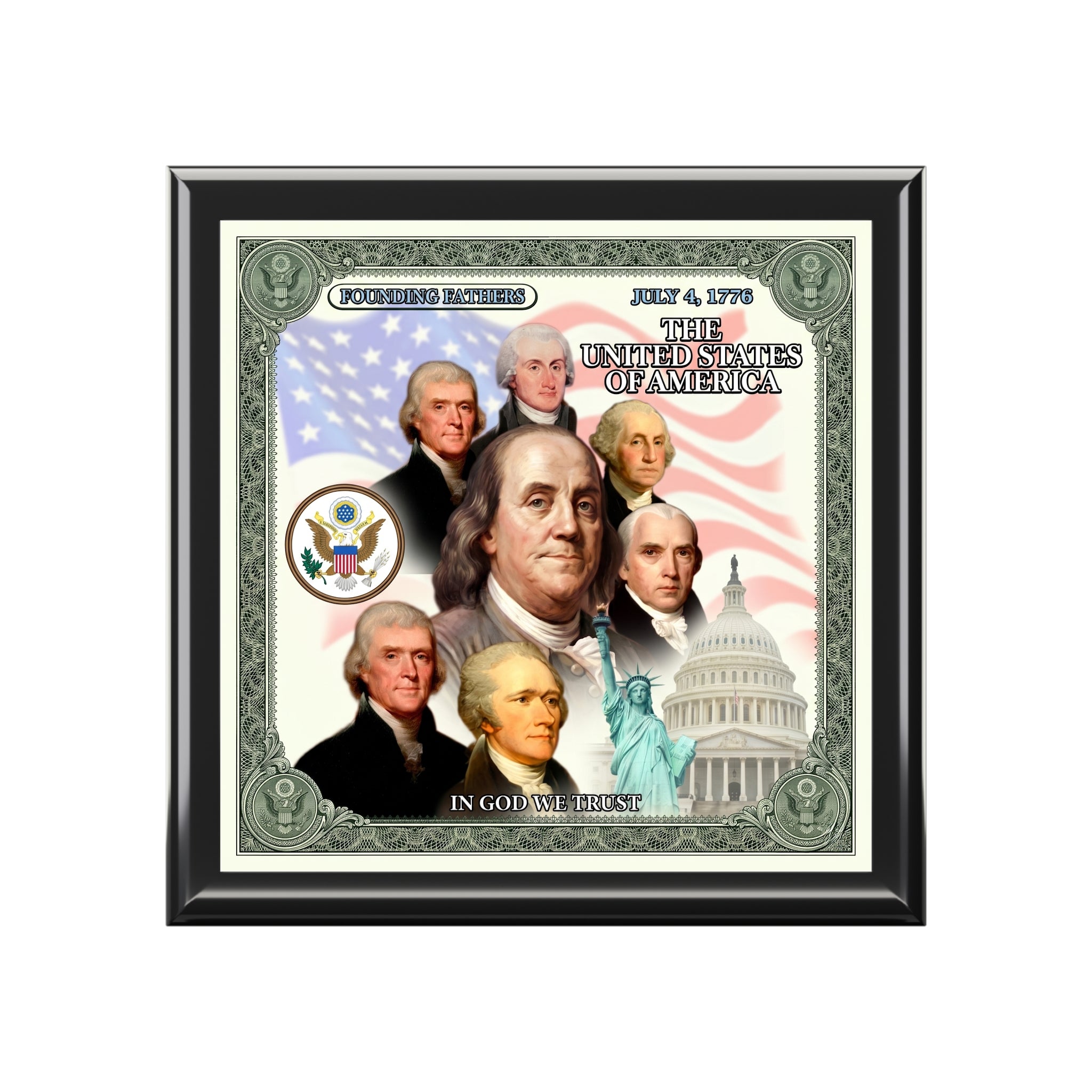 Patriotic Founding Fathers Jewelry Box — US History Keepsake Box ("In God We Trust")