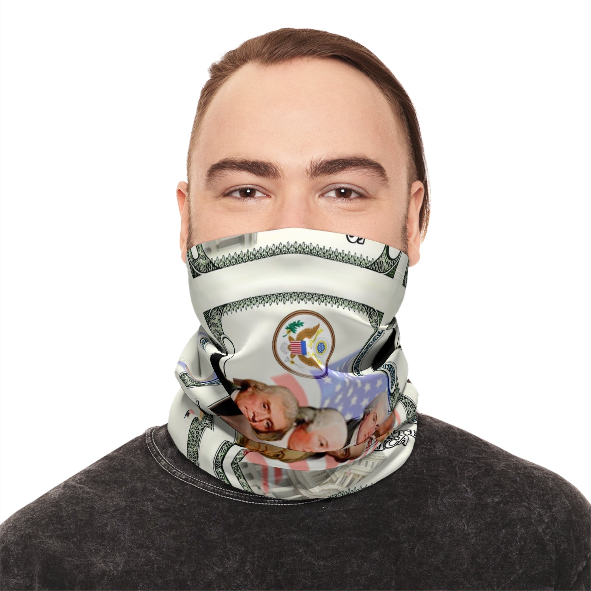 Founding Fathers Dollar-Print Winter Neck Gaiter with Drawstring