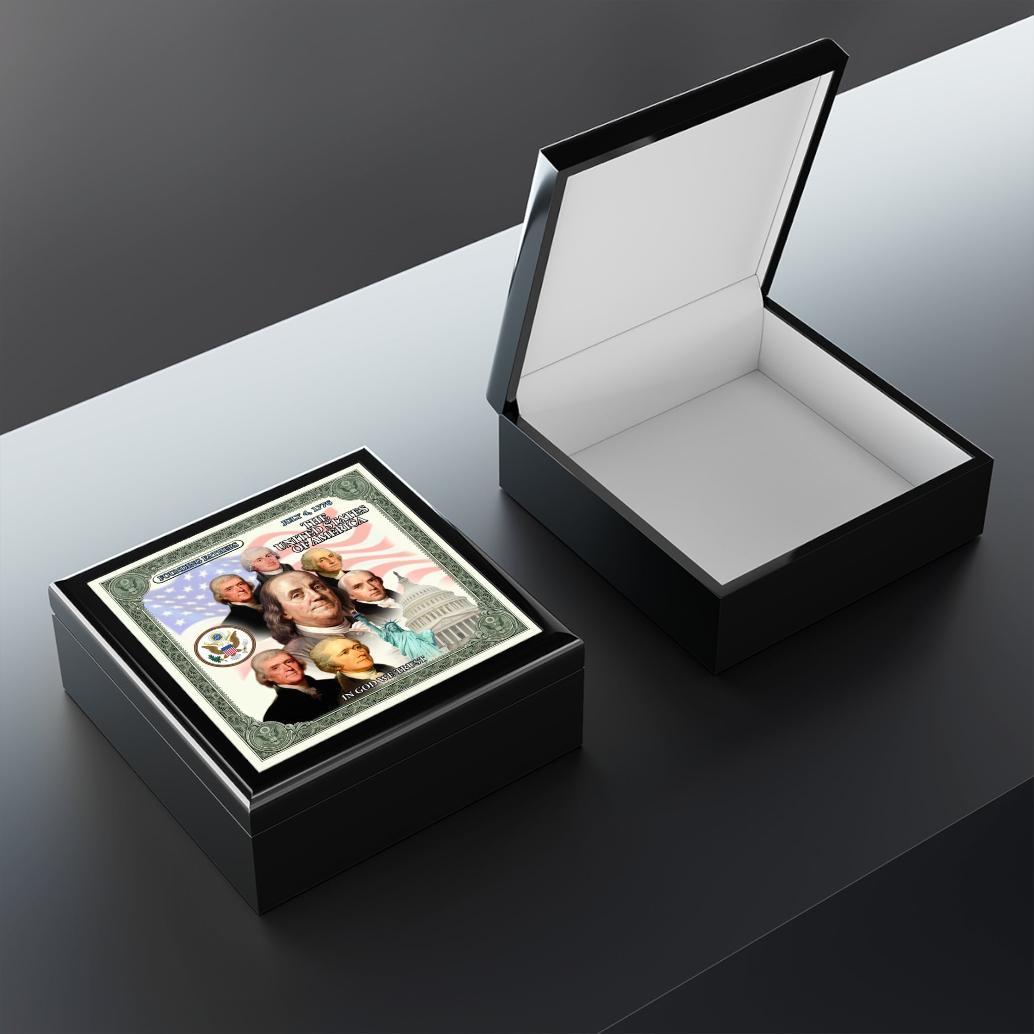 Patriotic Founding Fathers Jewelry Box — US History Keepsake Box ("In God We Trust")