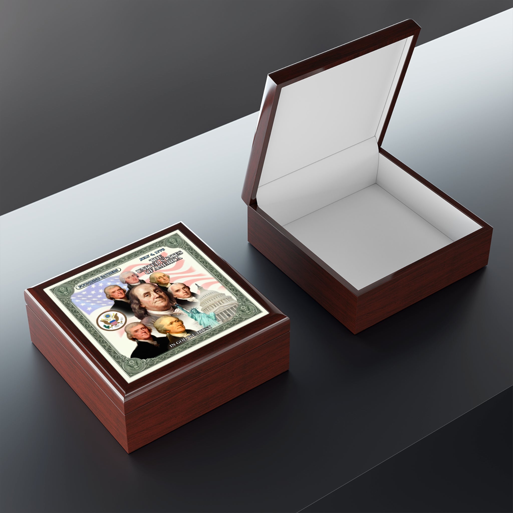 Patriotic Founding Fathers Jewelry Box — US History Keepsake Box ("In God We Trust")
