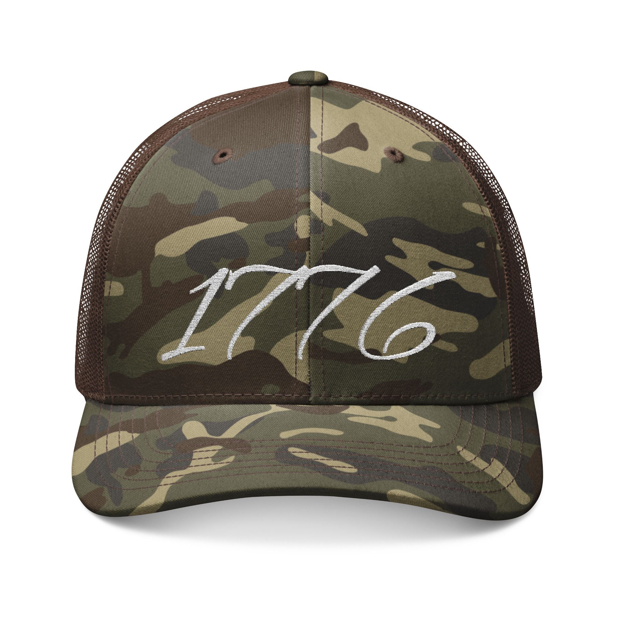 1776 Camo Trucker Hat — Embroidered Patriotic Mesh Cap
