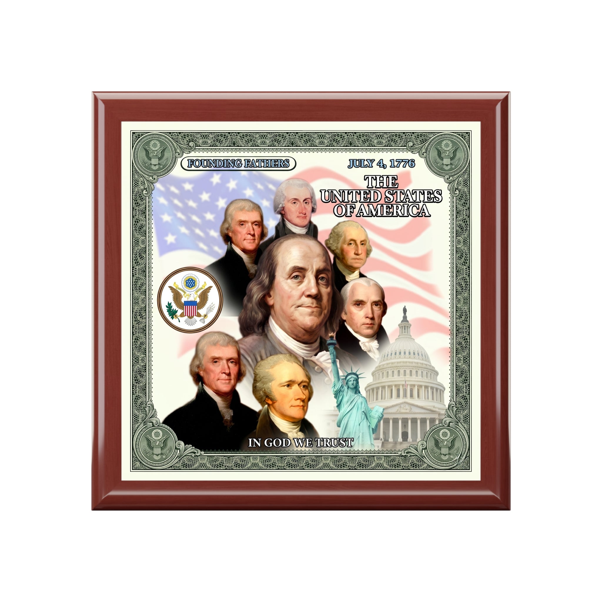 Patriotic Founding Fathers Jewelry Box — US History Keepsake Box ("In God We Trust")