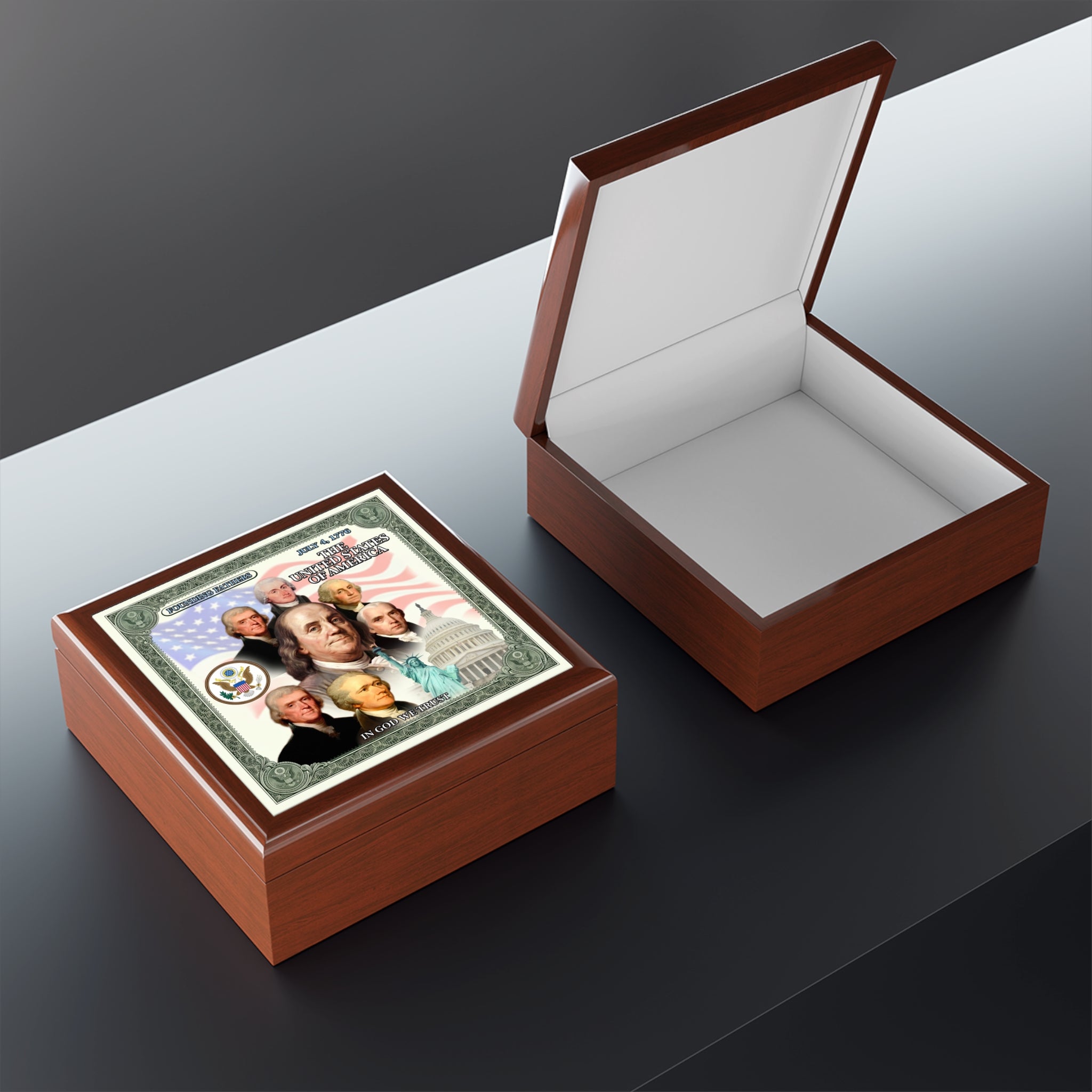 Patriotic Founding Fathers Jewelry Box — US History Keepsake Box ("In God We Trust")