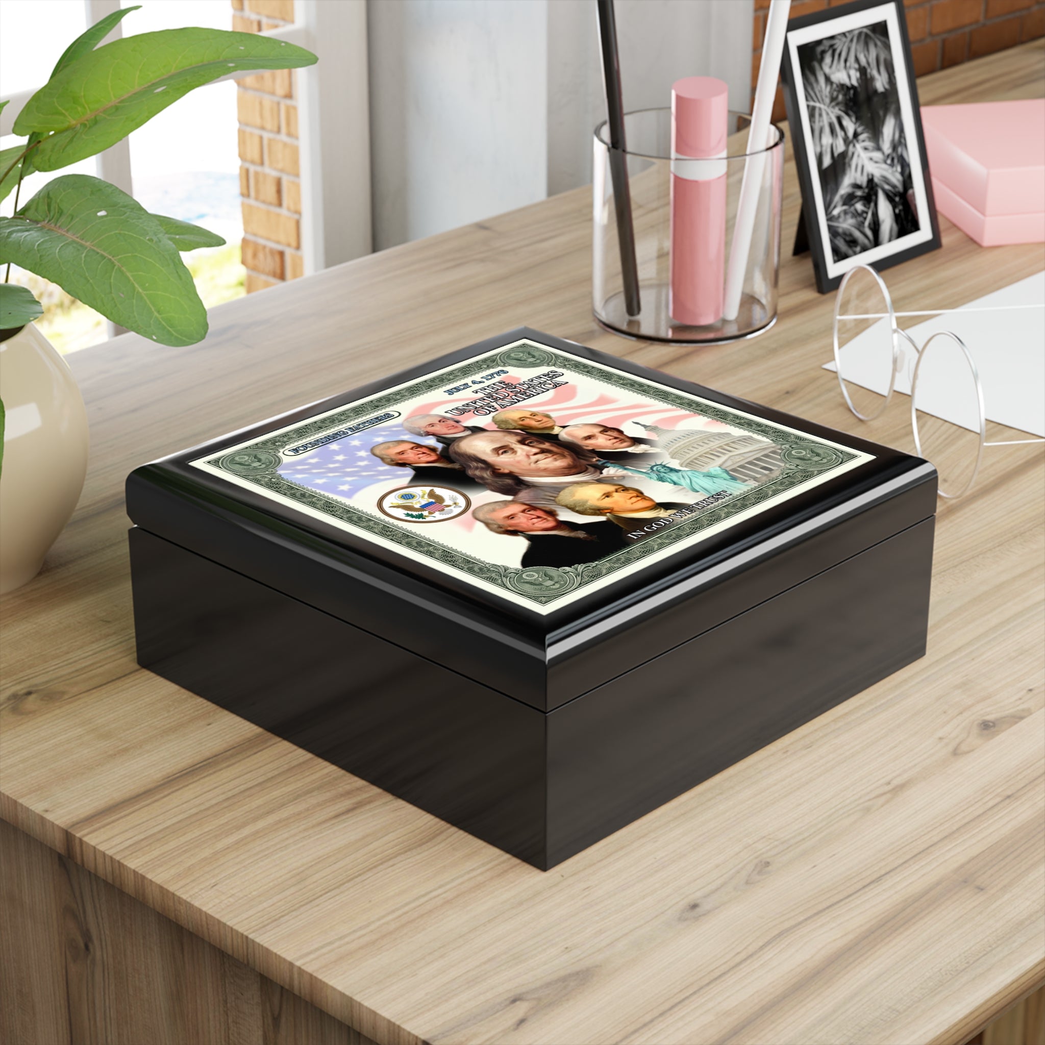 Patriotic Founding Fathers Jewelry Box — US History Keepsake Box ("In God We Trust")
