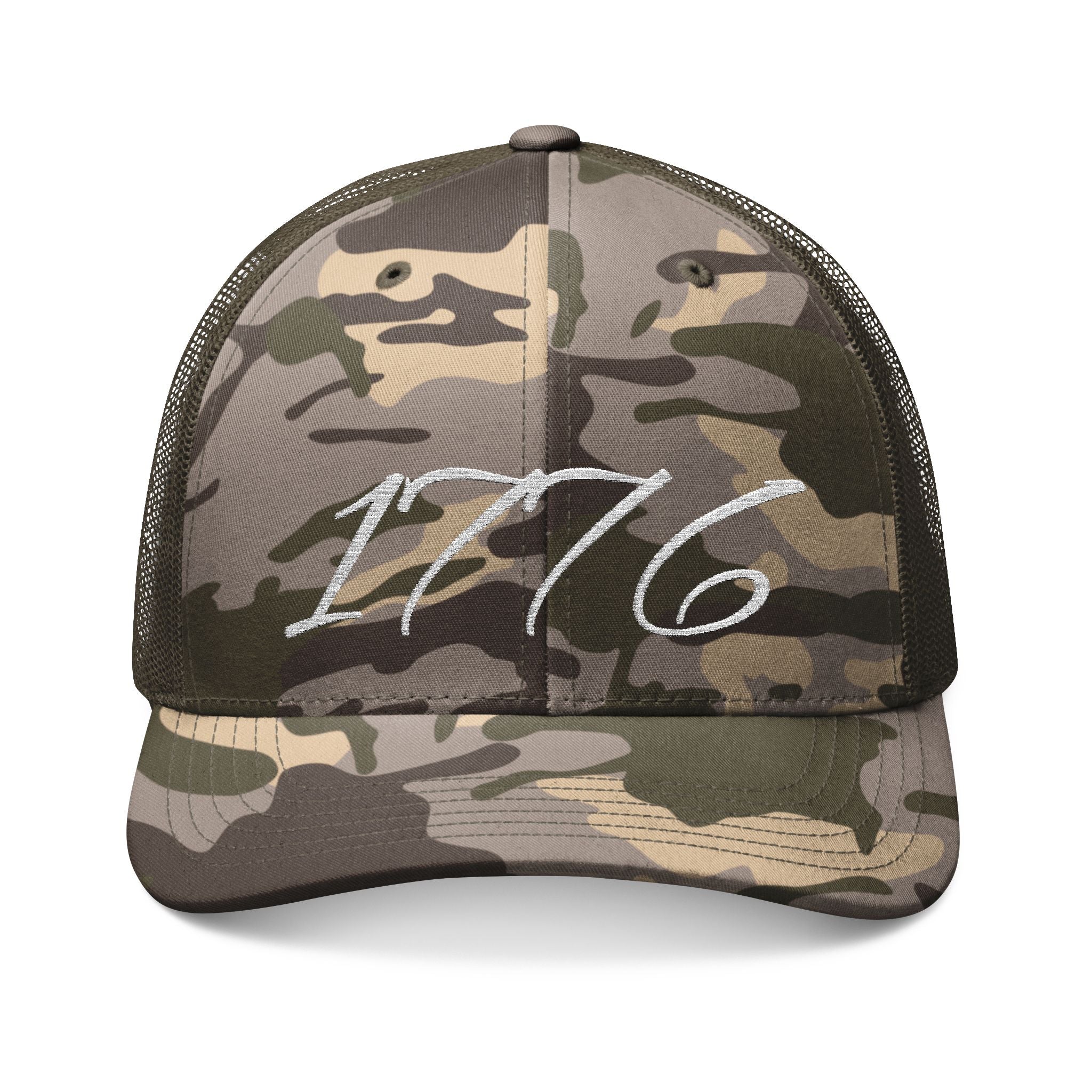 1776 Camo Trucker Hat — Embroidered Patriotic Mesh Cap