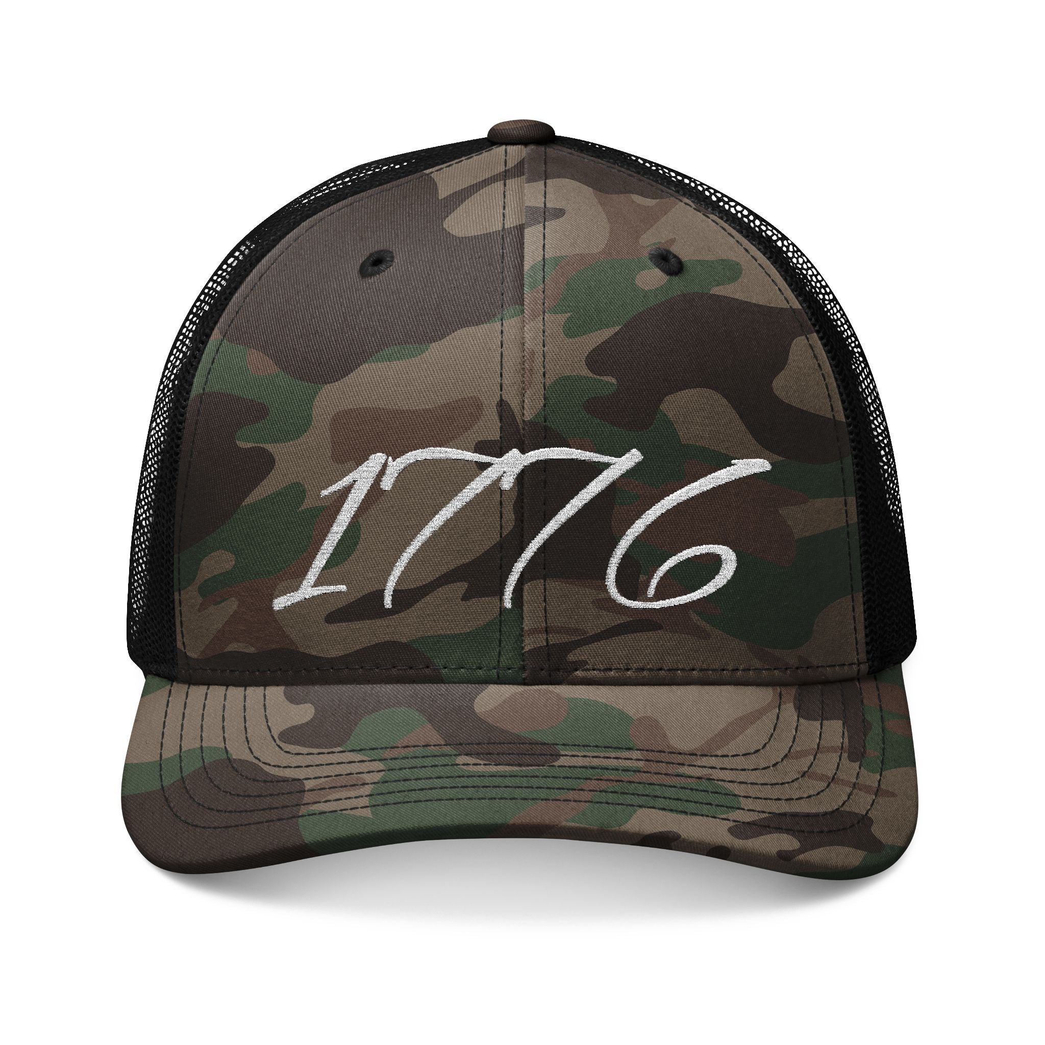 1776 Camo Trucker Hat — Embroidered Patriotic Mesh Cap